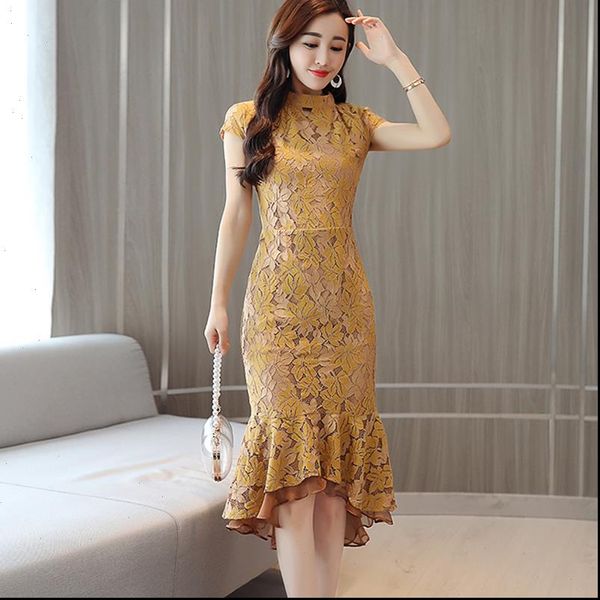 

2021 summer women new temperament ladies slim slimming package hip lace fishtail dress retro solid color improved cheongsam, Black;gray