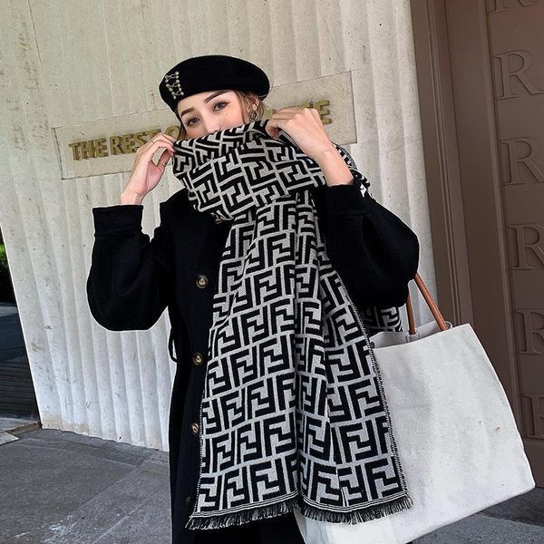 

scarf women's autumn and winter letter bib versatile thickened cashmere ins fashion foreign style double-sided warm shawl, Blue;gray
