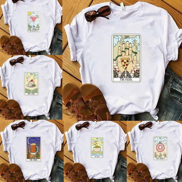 

women's t-shirt harajuku aesthetic art pizza coffee casual print short fashion kawaii t shirt graphic shirts, White