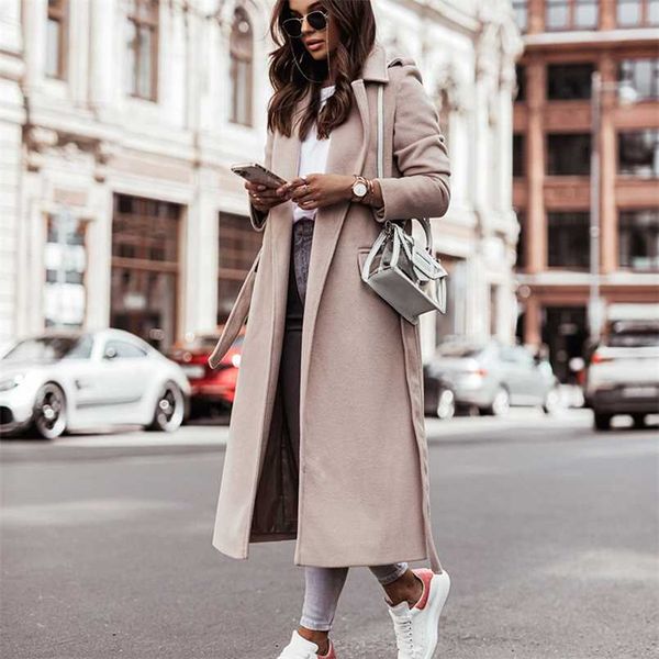Kış Moda Bandaj Kemted Dış Giyim Rahat Gevşek Karışımı Yün Uzun Palto Kadınlar Zarif Uzun Kollu Hırka Tops Ceketler 211110