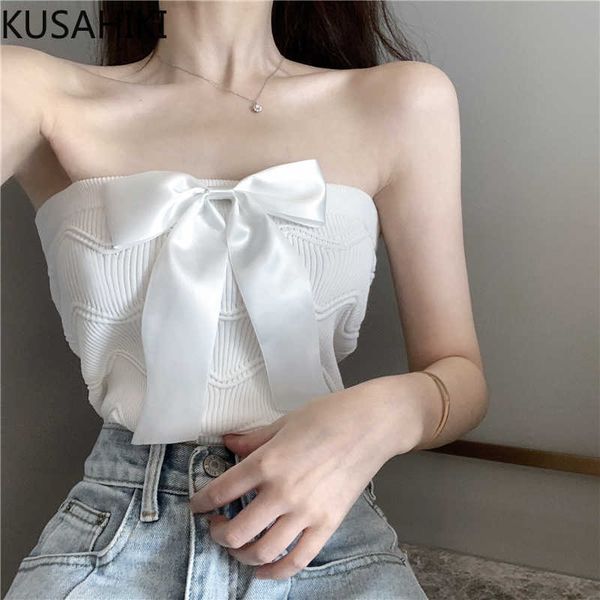 

sweet bowknot strapless tanks sleeveless korean knitted vest spring summer women camisole 6f176 210603, White