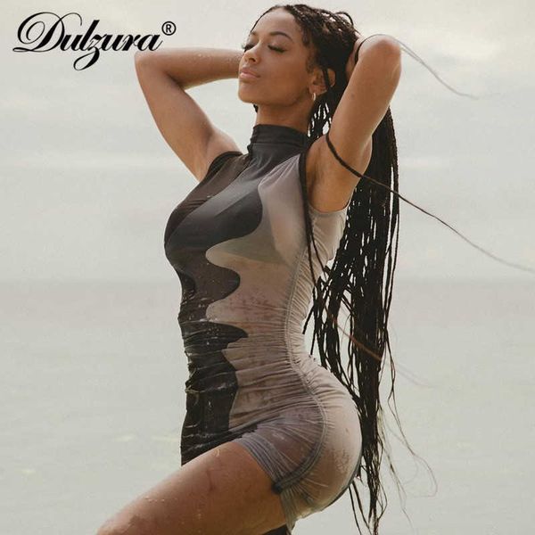 

patchwork women sleeveless mini dress mesh see through sheer high neck ruched bodycon streetwear club 2021 summer, Black;white