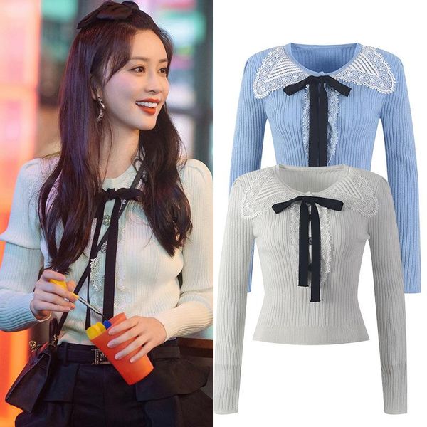 

women's sweaters 2021 autumn women sweater pullovers white blue bow lace sweet knit crop casual jumper jersey eangland style streetwea, White;black