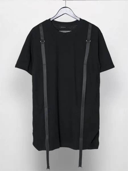 

men's t-shirts short sleeve t-shirt summer dark round collar personality strap stitching design fashionable street style, White;black