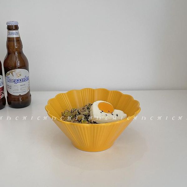 

bowls ins retro japanese style pure color chrysanthemum big bowl ceramic ramen trumpet nice soup