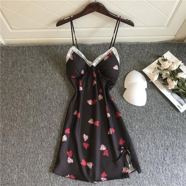 

ladies sweet nightdress satin deep v-neck nightgown cute printing sleepwear suspender women homewear with chest pads nightwear, Black;red