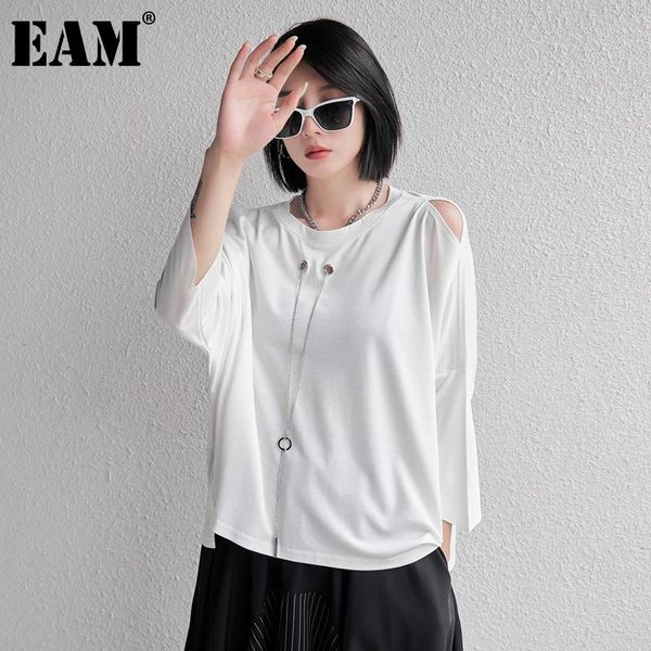 

women's t-shirt [eam] women black chain big size casual round neck three-quarter sleeve fashion tide spring summer 2021 1de09520, White