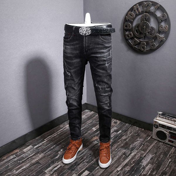 

spring autumn black fashion jeans men's elastic straight tube slim youth long pants with holes leisure japan and koreawinter, Blue