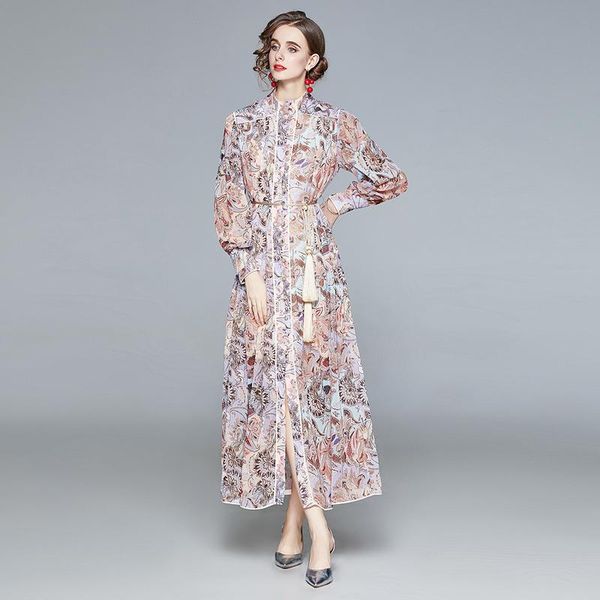 

2021 spring new designer runway maxi dress long sleeve woman clothes vintage print aline bohemian holiday robe femme vestidos, Black;gray