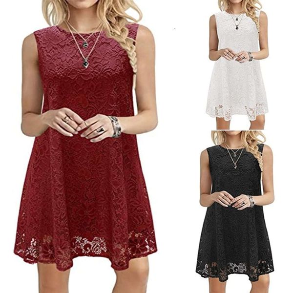 

casual dress summer women's round neck sleeveless lace dress, Black;gray