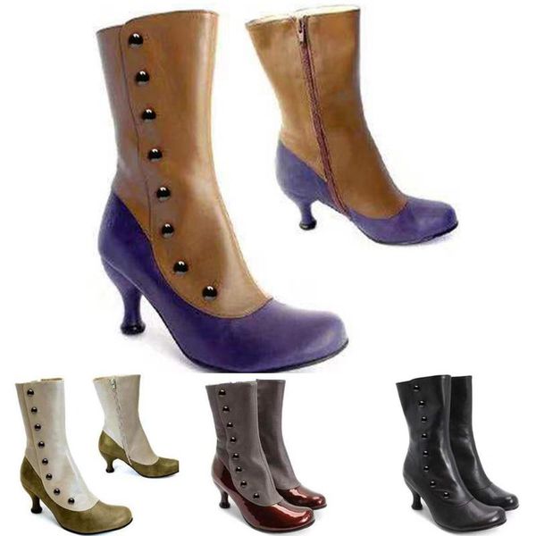 

boots elegant womens boot leather button wedges round toe shoes winter female cowboy slip-on zipper casual fashion, Black