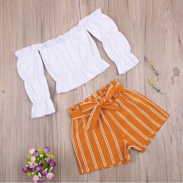 Kleinkind Baby Mädchen Kleidung Set Langarm Off Shoulder Tops und Streifen Shorts Zweiteiliger Anzug