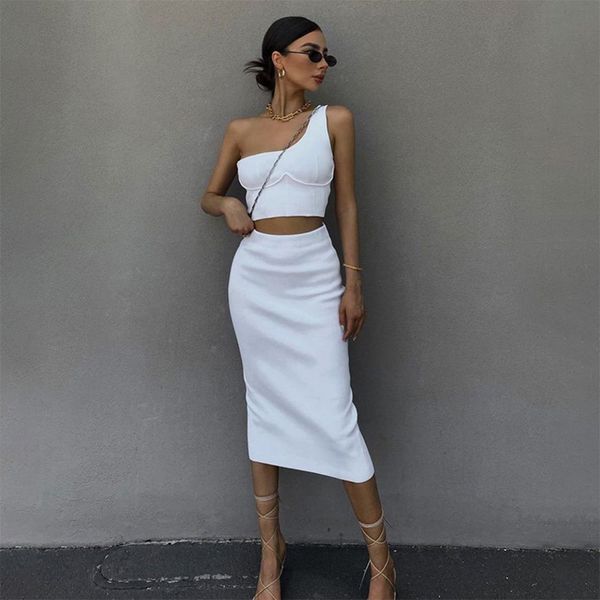 

adyce 2021 new summer women fashion white sleeveless 2 two pieces sets one shoulder & skirts club party outwear sets, Black;gray