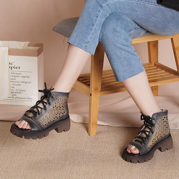 

women leather sandals embroidery hollow out brown summer shoes wedge heels high fish mouth brand handmade women sandals gray2021, Black