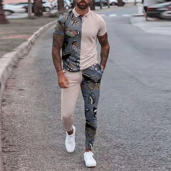 

two-piece men suit fashion zipper polo shirt+trousers stitching print casual jogger tracksuit sweatshirt set for clothes 220308, Gray