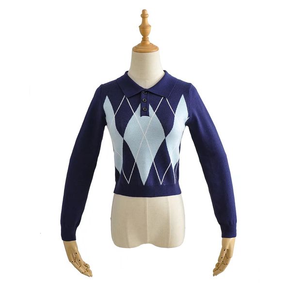 

90s streetwear navy check argyle plaid knitted sweater pullovers female knitwear preppy style y2k clothes lapel casual jumpers, White;black