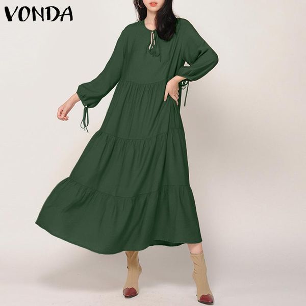 

casual dresses vonda 2021 autumn sundress lace up long sleeve party robe solid maxi boheman vestidos s-5xl beach, Black;gray