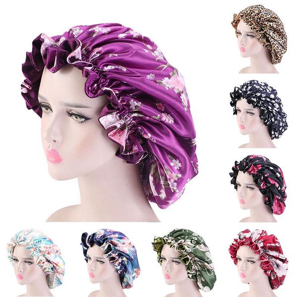 

hair accessories casual large sleep cap lined bonnets hat fshion leopard care home satin women night ladies turban