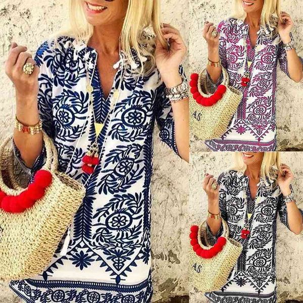 

boho chic floral blouse ethnic style womens s blouses half sleeve print v-neck vintage long shirt camisas mujer haut 210603, White