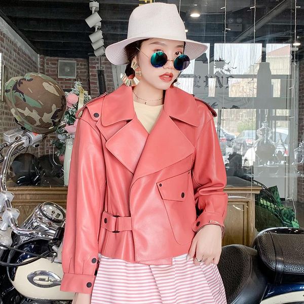 

women's leather & faux autumn winter loose real jacket women fashion motorcycle buckle lambskin genuine coat female streetwear, Black