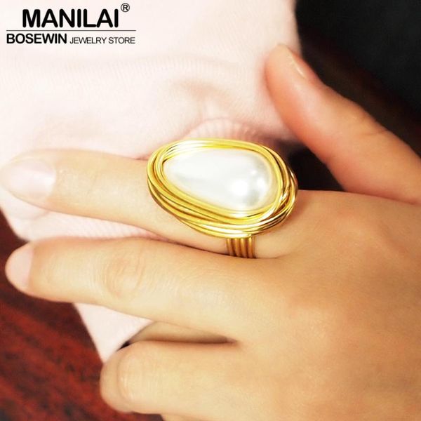 

cluster rings manilai wire spiral geometric statement women fashion simulated pearl finger handmade jewelry, Golden;silver