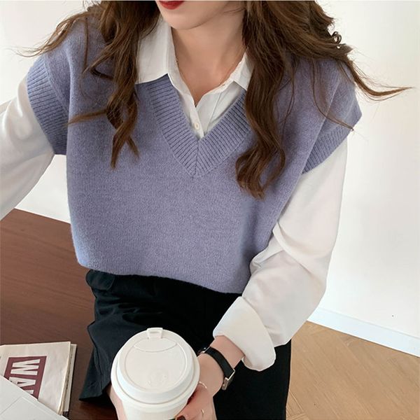 

new 4colors 2021 spring and autumn korean style v neck knitted sleeveless vest sweaters vintage pullovers womens (x1785) 8l7n, White;black
