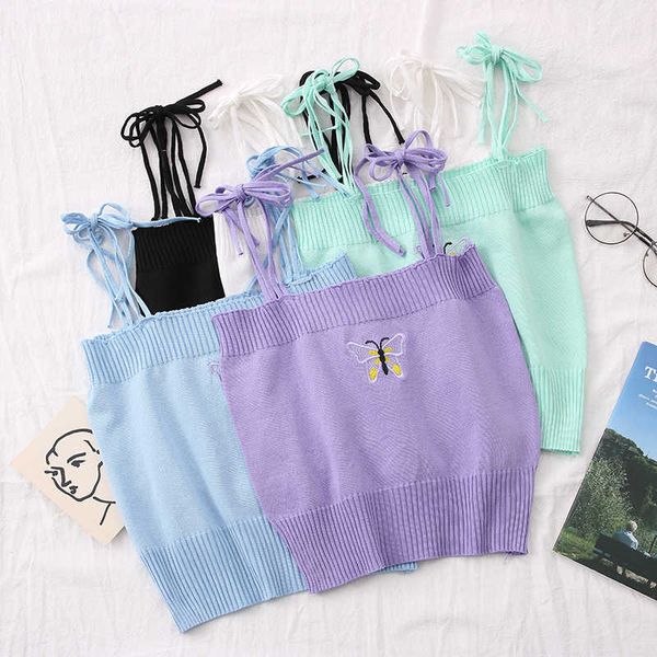 

knitted women crop casual slim cute sleeveless butterfly embroidery summer female w165 210526, White