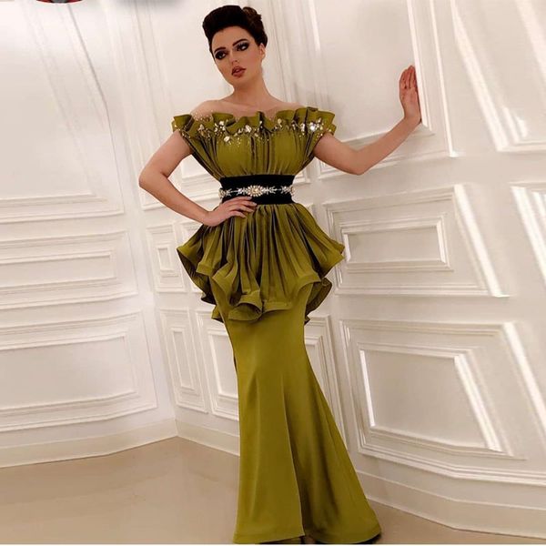 

elegant crystals mermaid prom dresses sheer jewel neck ruffles pleats beaded long formal evening gowns satin special occasion dress, Black