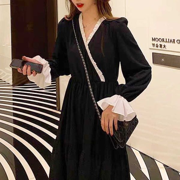 Французские кружева полные рукава длинные фея платье черные V-образные вырезы женские тонкие MIDI осень свадьба партия Южная Корея одежда 210604