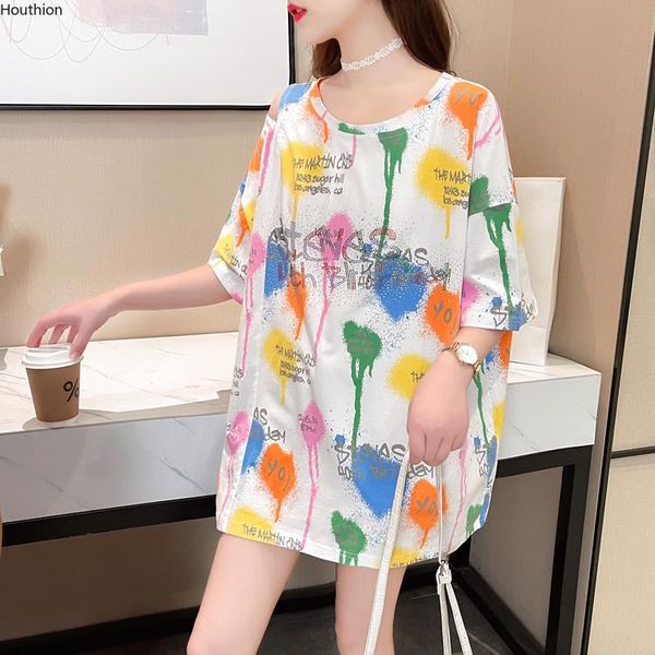 

women's t-shirt houthion printed cotton loose plus size tshirt short sleeves fashion casual korean o-neck t shirt, White