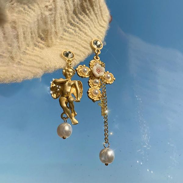 

dangle & chandelier korean charms baroque angel cross earrings for women metal vintage pearl sweet 90s style jewelry aesthetics friends, Silver