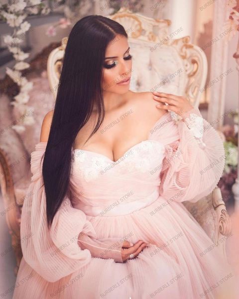 

casual dresses sweet ruffles tulle a-line dress for pregnant women to poshoot illusion puff cap sleeves long maternity vestido, Black;gray