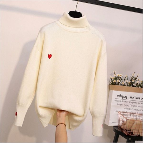 

women's sweaters cartoon love turtleneck lazy women long sleeve loose embroidery knitting bottom female pulling spring autumn gs2o, White;black