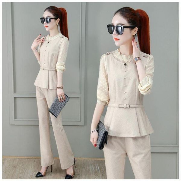

women's two piece pants fashion 2 set and fake vest office lady woman suit ensemble femme deux pieces womens matching clothes, White