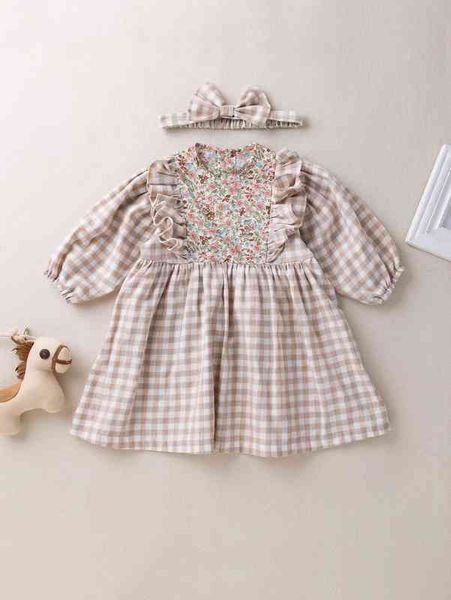 

baby gingham & floral print ruffle trim dress with headband she, Red;yellow
