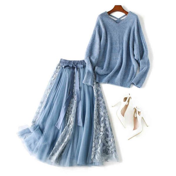 

two piece dress women chenille knitted loose sweater and lace mesh skirt two piece set early spring elastic waist long tulle outfits 077j, White