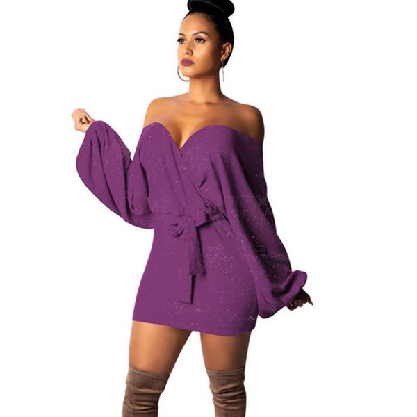 

casual dresses women winter glitter off shoulder knitted dress strapless lantern sleeve knit sweater party club mini sashes, Black;gray