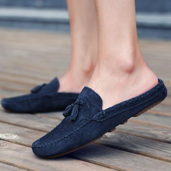 

slippers mens shoes suede casual fashion half drag loafers light breathable slip on flats classic outdoor summer driving, Black