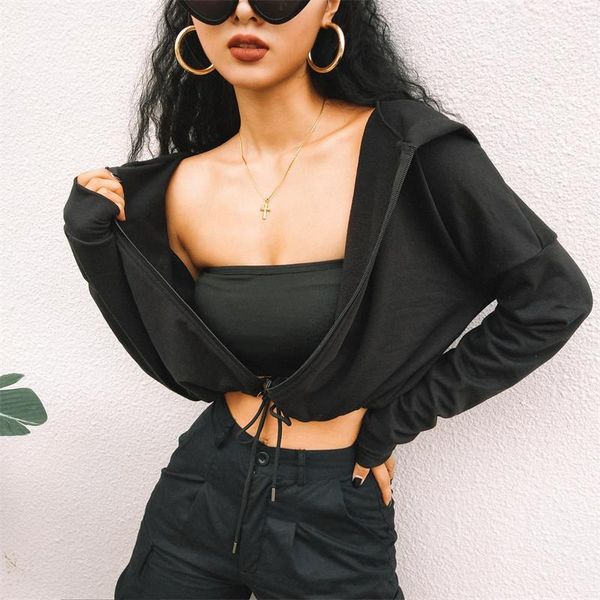 

tang 2021 spring autumn women crop sweatshirt long sleeve cropped female zip up drawstring korean hoodie black hhe4