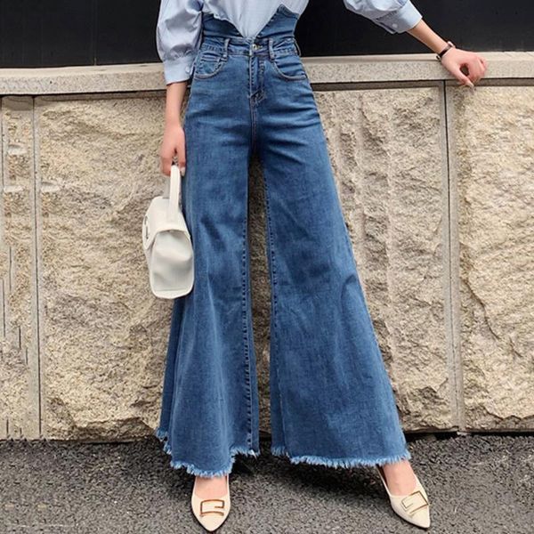 

women's pants & capris [ewq] 2021 spring casual korea women flare zipper loose solid color foldable waist blue wide leg opening denim j, Black;white