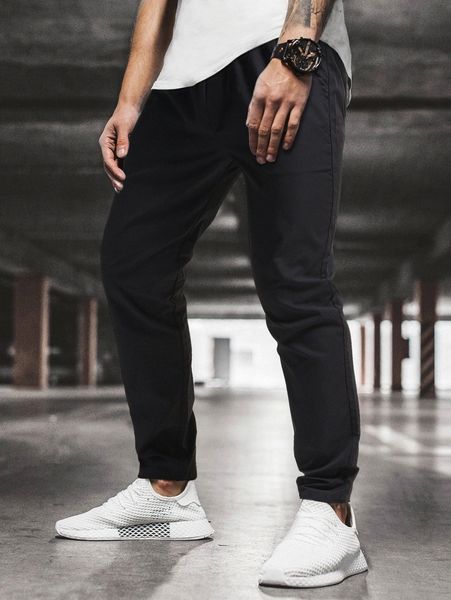 

men solid drawstring waist pants 985h#, Black