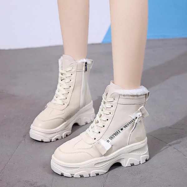 

boots winter women ankle snow boot leather fur wedges warm plush rubber platform lace up punk black ladies shoes botas mujer