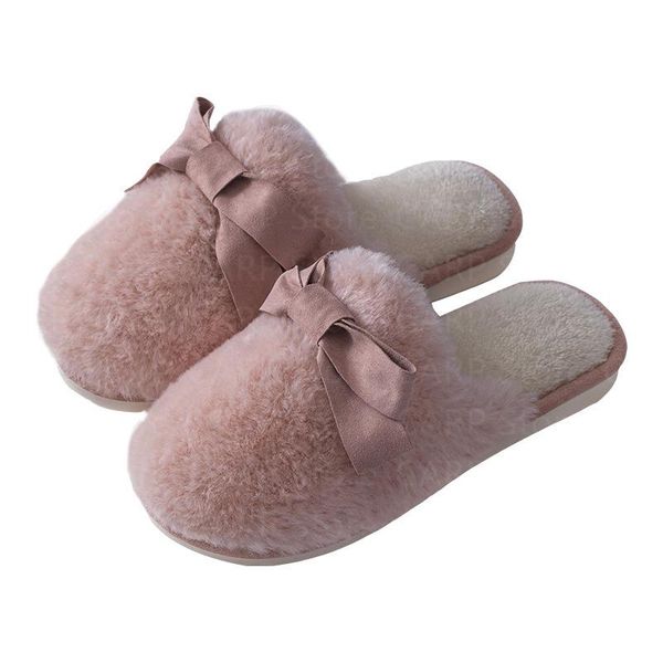 

slippers carp winter fur slipper for women warm plush bedroom couples flat shoes house buttterfly-knot ladies furry, Black