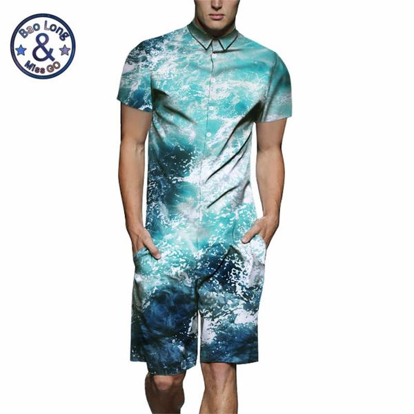 

men's pants 2021 bule wave print 3d rompers short sleeve shirt funny jumpsuit playsuit harem cargo overalls summer one piece, Black
