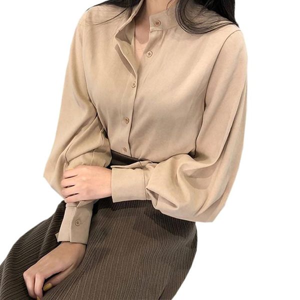 

women's blouses & shirts vintage lantern sleeve women 2021 spring stand collar solid loose casual ladies elegant office pz1067, White