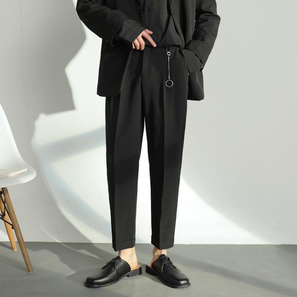 

men's pants men korean ins style pleated streetwear fashion casual slim fit pencil suit vintage ankle-length trousers, Black