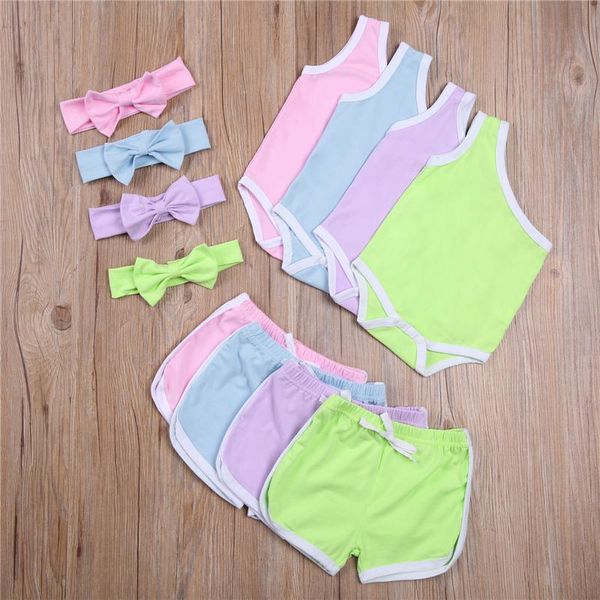 

clothing sets 2021 summer kids girl suit sleeveless slant shoulder romper lace up pants shorts headband casual 3 pieces set, White