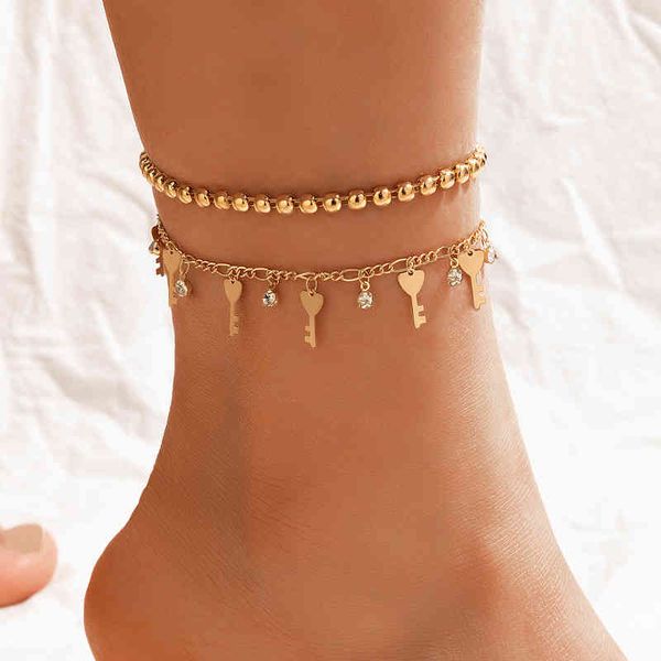 

fashion love key round beads double layer anklet inlaid with crystal multi-layer anklets gold color chain barefoot jewelry, Red;blue