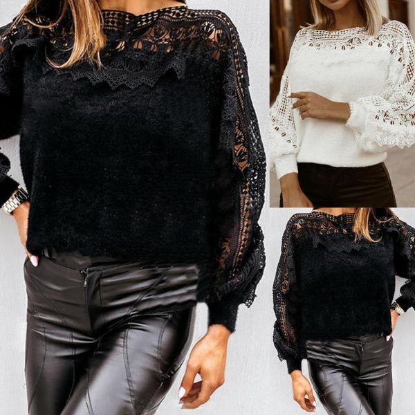 

women's blouses & shirts solid color women blouse lace crochet simple lantern sleeve o neck pullover streetwear, White