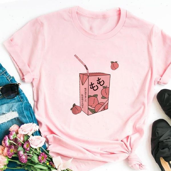

womens cartoon peach juice japanses aesthetic grunge print t shirt 2021 summer fashion short sleeved t shirt girl drop ship, White